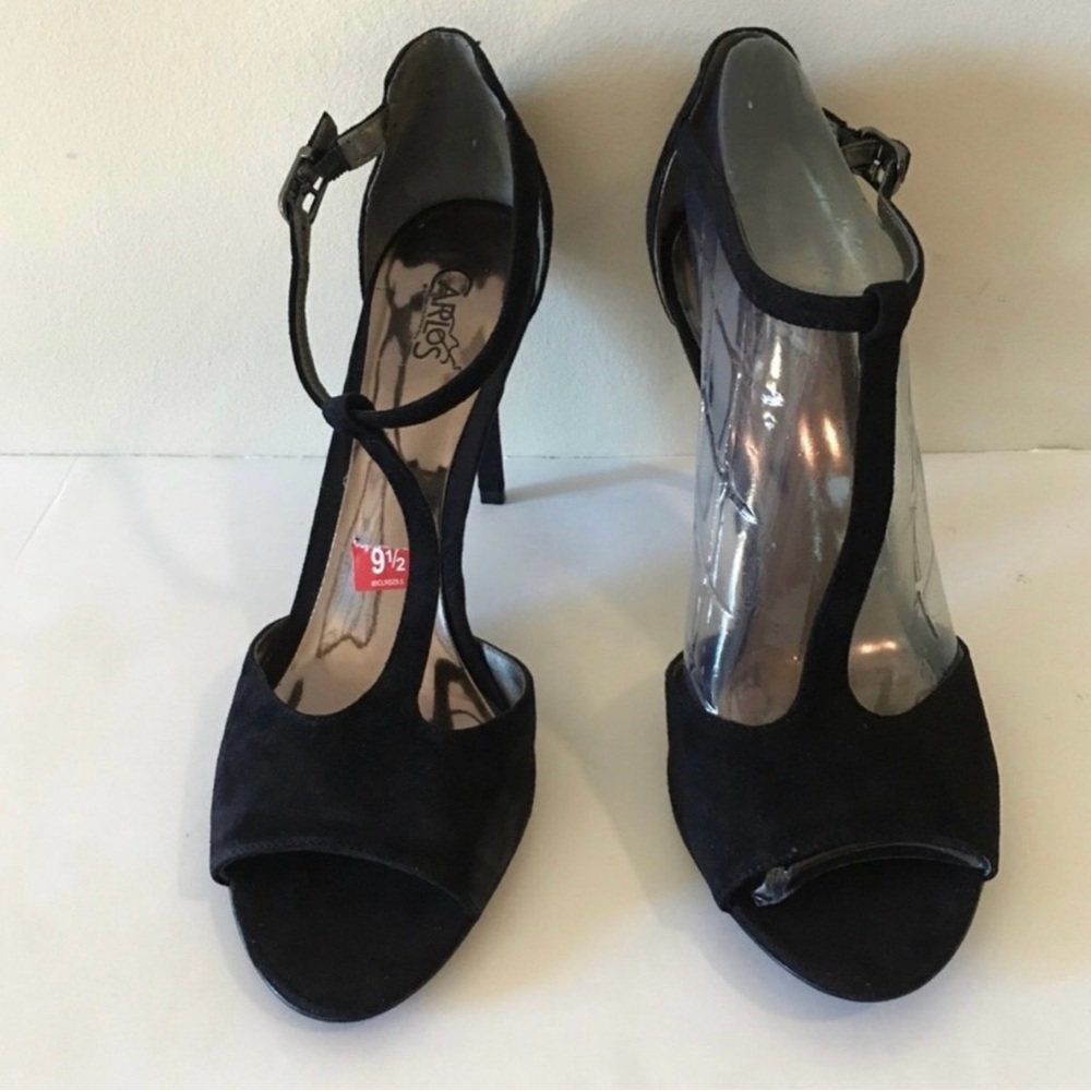 Carlos Santana Black T Strap Suede Heeled Open Toe Heels Sandals